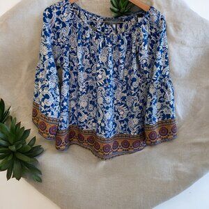 Tinley Womens Top Small Blue White Peasant Floral Paisley Bell Sleeves Boho